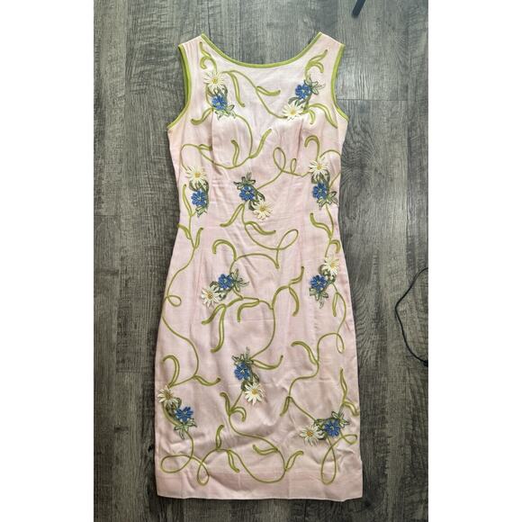 1950s Minx Modes Vintage Garden Cocktail Dress Pink Embroidered Floral Flower XS - Picture 8 of 16